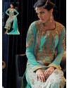 Cream And Blue Banarasi Silk Punjabi Suits