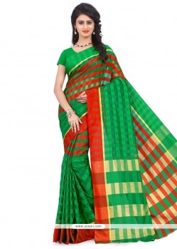 Mystic Green And Red Woven Work Polly Cotton Casual Saree