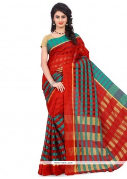 Woven Polly Cotton Casual Saree In Red