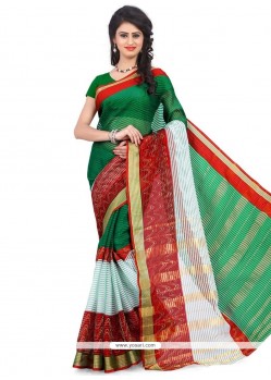 Green And Red Woven Work Polly Cotton Casual Saree