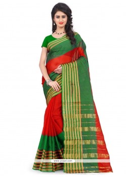 Congenial Polly Cotton Green And Red Casual Saree