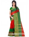 Congenial Polly Cotton Green And Red Casual Saree