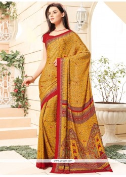 Distinctive Faux Crepe Mustard Print Work Printed Saree