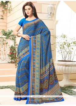 Spectacular Faux Crepe Blue Printed Saree