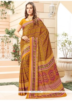 Beautiful Faux Crepe Mustard Print Work Printed Saree