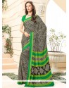 Print Faux Crepe Printed Saree In Green And Grey