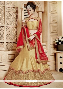 Peppy Beige And Red Embroidered Work Art Silk Lehenga Choli