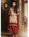 Cream And Red Chanderi Pakistani Suits