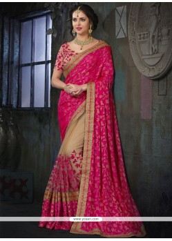 Deserving Beige And Hot Pink Embroidered Work Banarasi Silk Half N Half Saree