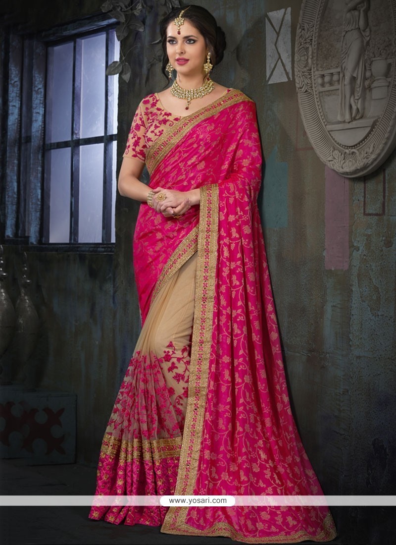 Buy Deserving Beige And Hot Pink Embroidered Work Banarasi Silk Half N ...