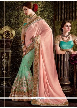 Majestic Pink And Turquoise Zari Work Net Half N Half Saree