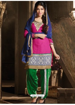 Pink And Green Chanderi Punjabi Patiala Suit