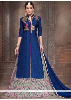 Vivid Bhagalpuri Silk Navy Blue Embroidered Work Long Choli Lehenga