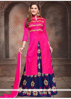 Arresting Bhagalpuri Silk Hot Pink And Navy Blue Embroidered Work Long Choli Lehenga