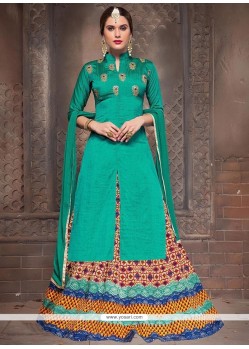 Stupendous Bhagalpuri Silk Turquoise Embroidered Work Long Choli Lehenga