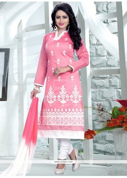 Opulent Pink And White Embroidered Work Cotton Churidar Suit