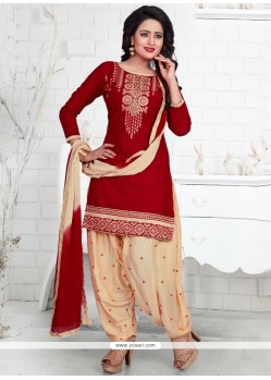 Spellbinding Beige And Maroon Embroidered Work Punjabi Suit