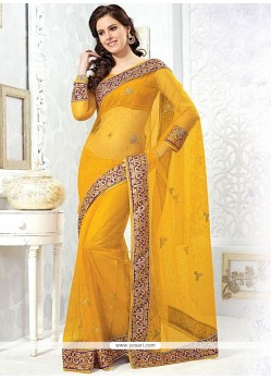 Competent Yellow Patch Border Work Net Classic Saree