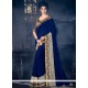 Snazzy Faux Chiffon Navy Blue Patch Border Work Designer Saree