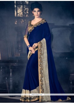 Buy Snazzy Faux Chiffon Navy Blue Patch Border Work Designer Saree ...