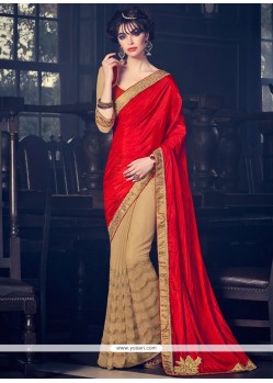 Patch Border Fancy Fabric Half N Half Saree In Beige And Red