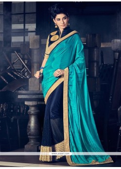 Picturesque Faux Georgette Navy Blue And Turquoise Embroidered Work Designer Half N Half Saree