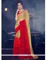 Unique Fancy Fabric Beige And Red Patch Border Work Designer Saree