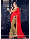 Chic Faux Georgette Beige And Red Designer Half N Half Saree