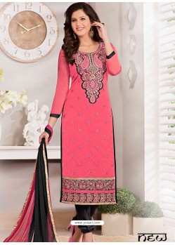 Pink And Black Chanderi Churidar Suit