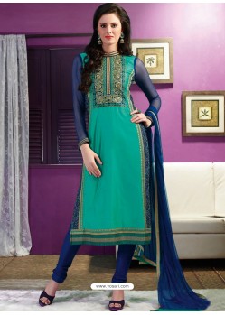 Blue And Green Chanderi Churidar Suit