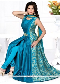 Breathtaking Embroidered Work Banarasi Silk Blue Readymade Suit