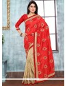 Embroidered Net Designer Half N Half Saree In Beige And Red