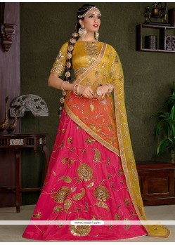 Aspiring Art Silk Hot Pink And Yellow Lace Work Lehenga Choli