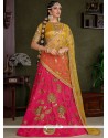 Aspiring Art Silk Hot Pink And Yellow Lace Work Lehenga Choli