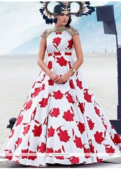 Red And White Fancy Fabric Print Work Designer Gown