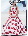 Red And White Fancy Fabric Print Work Designer Gown