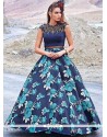 Navy Blue Fancy Fabric Print Work Designer Gown