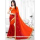 Festal Faux Crepe Orange And Red Embroidered Work Shaded Saree