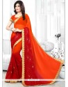 Festal Faux Crepe Orange And Red Embroidered Work Shaded Saree
