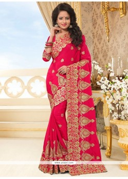 Refreshing Hot Pink Embroidered Work Faux Chiffon Classic Saree