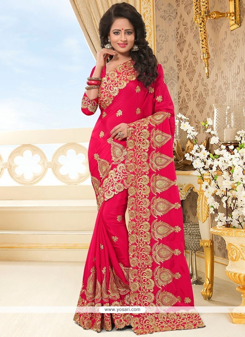 Buy Refreshing Hot Pink Embroidered Work Faux Chiffon Classic Saree ...