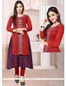 Embroidered Jute Designer Kurti In Red