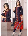 Majestic Cotton Navy Blue And Red Print Work Designer Kurti