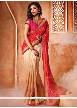 Intricate Beige, Pink And Red Designer Saree