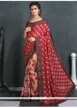 Girlish Art Silk Beige And Red Traditional Saree