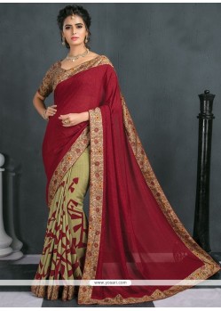 Orphic Print Work Beige And Maroon Traditional Saree
