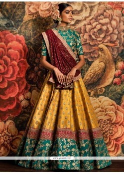 Sonorous Banarasi Silk Green, Red And Yellow Lehenga Choli