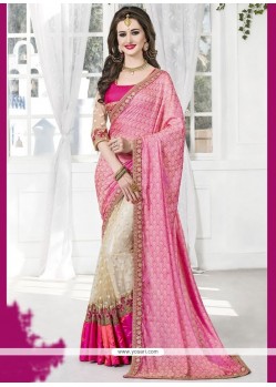 Imposing Cream And Pink Patch Border Work Jacquard Silk Designer Half N Half Saree