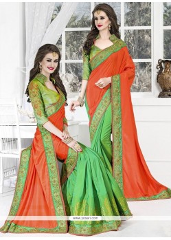 Intrinsic Green And Orange Resham Work Art Silk Designer Half N Half Saree