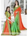 Intrinsic Green And Orange Resham Work Art Silk Designer Half N Half Saree